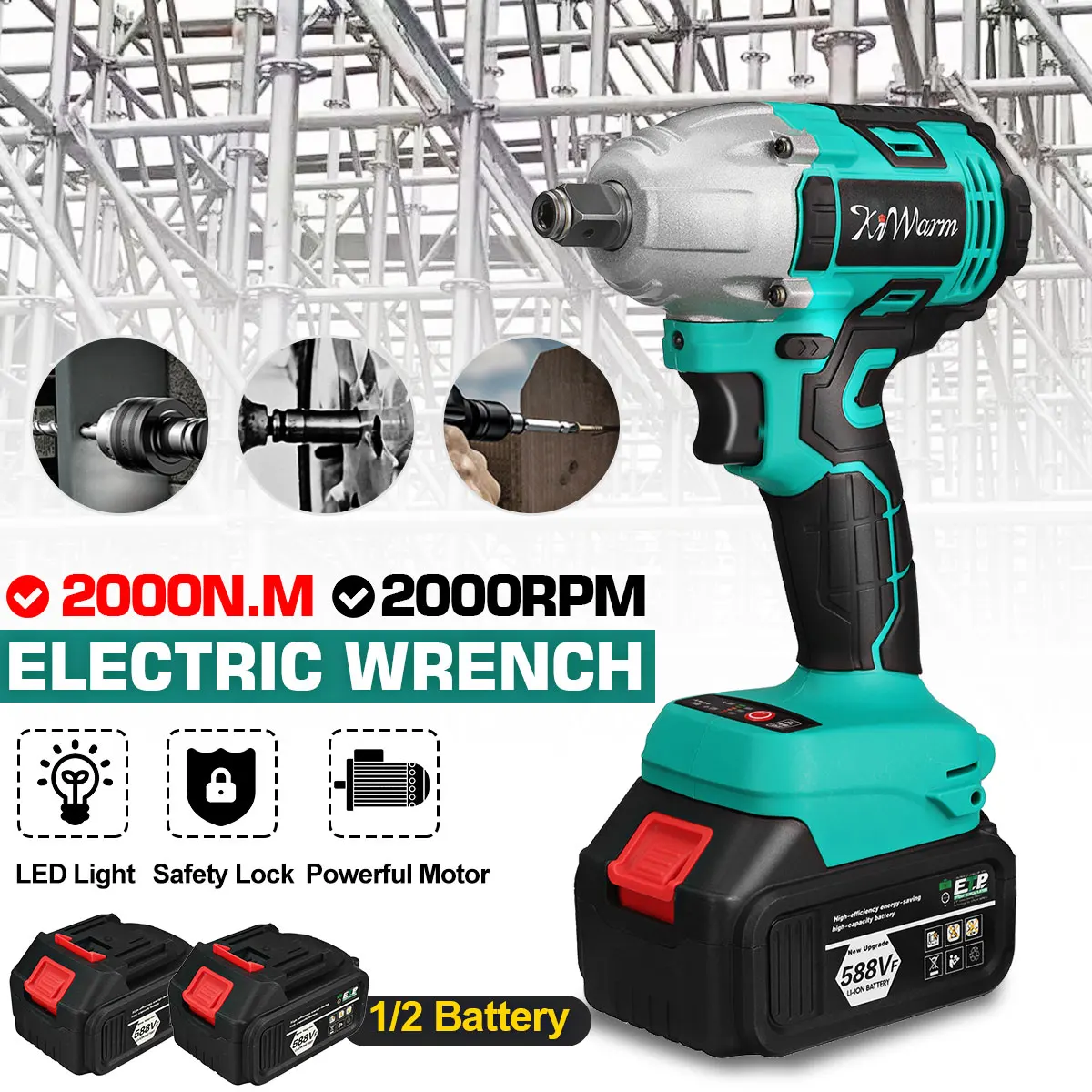 

588VF 600N.M Brushless Cordless Electric Impact Wrench Rechargeable 1/2 Inch Wrench Power Tools With 2 Pcs Battery EU/US