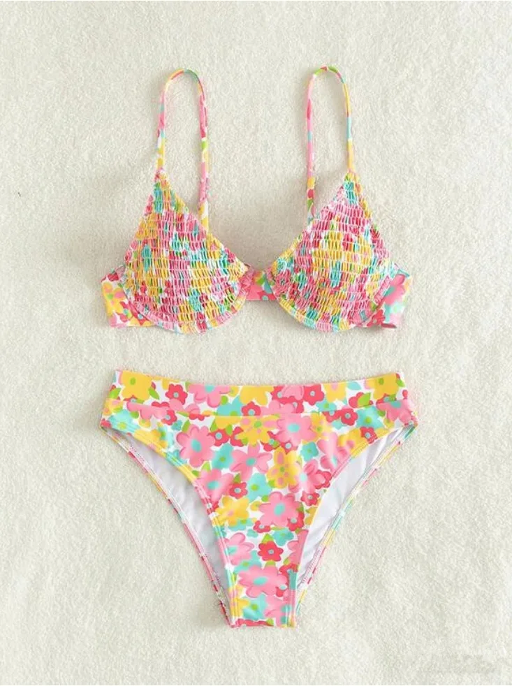 Maillot de bain à imprimé floral pour femmes, ensemble deux pièces, soutien-gorge push up, culotte tanga, sexy, smocké, vêtements de plage, nouvelle