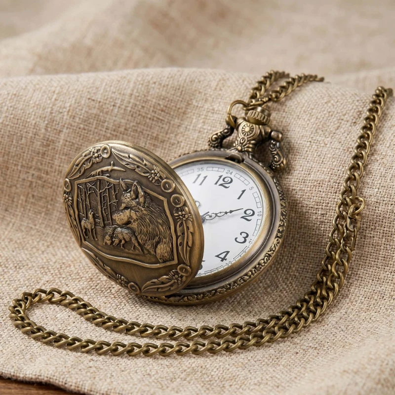 Retro Bronze Wolf Animal Head Relief Quartz Pocket Watch with Necklace Chain Pendant Great Gift for Men Women Kids Clock Watch
