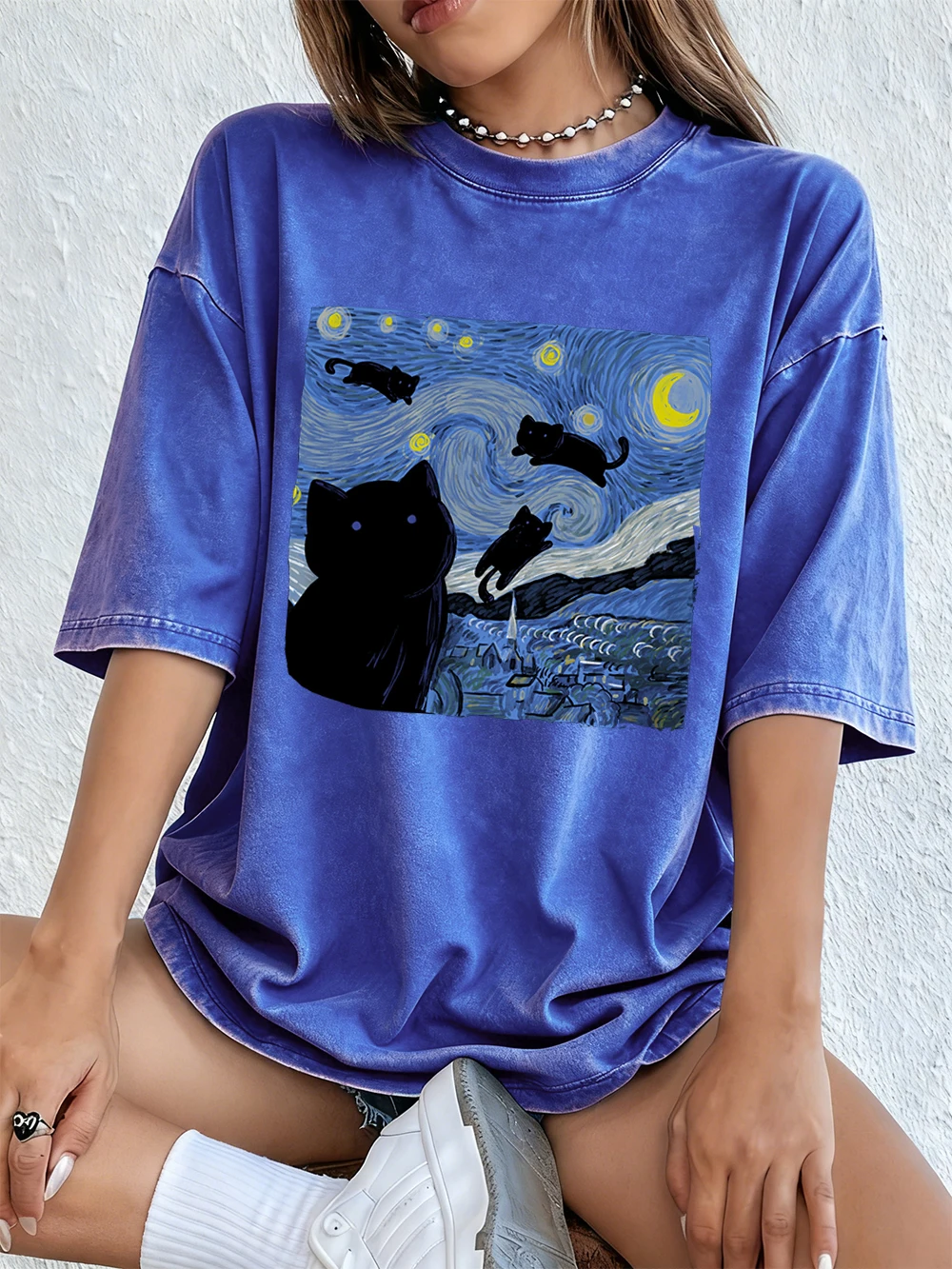 The Starry Cat Night Prints Washed T-Shirts Womens Cotton Oversize T Shirt Casual Soft Short Sleeve Tops Summer O-Neck Clothes