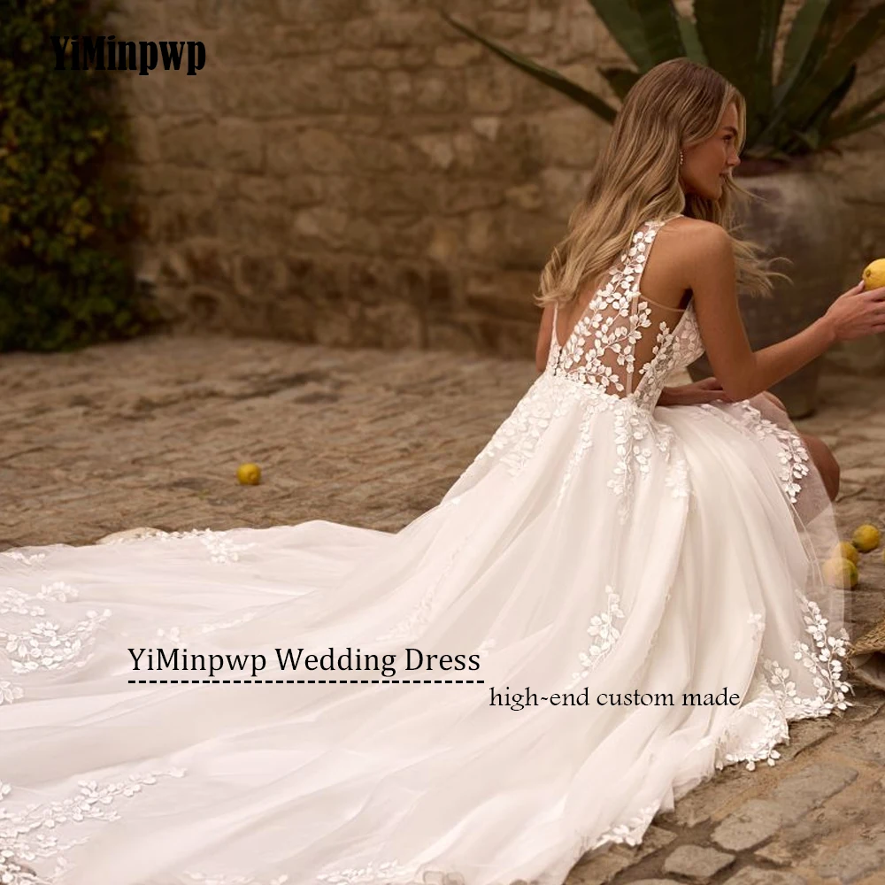 Elegant Wedding Dress Sleeveless V-Neck Applique Lace Bride Gowns Double V-Neck For Women A-Line Boho robe de mariée Customized