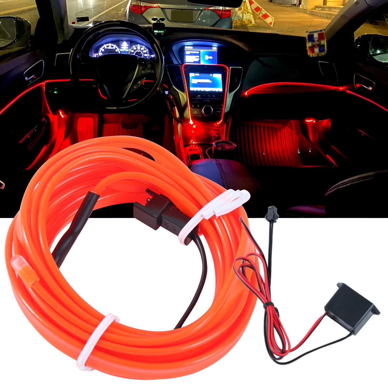 Luz de tira interior do carro iluminação ambiente vermelho néon traço brilho tubo 2m iluminação interior decorativa flexível atmosfera acessório