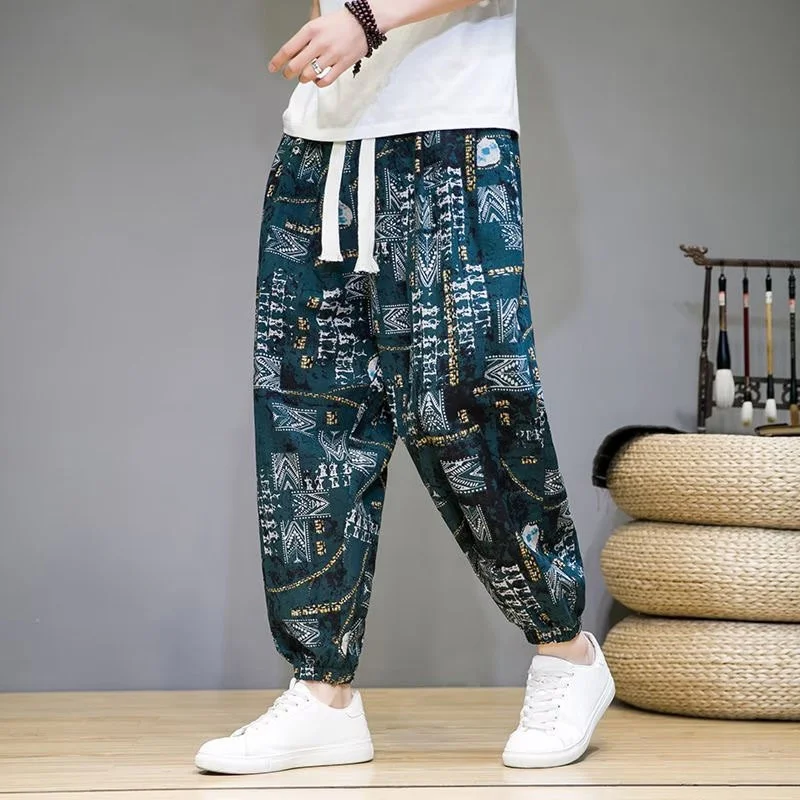 

Summer Thin Floral Harem Pants Chinese Style Breathable Casual Muse Pants Men's Chic Fat Crotch Large Leg Baggy Bloomers Holiday