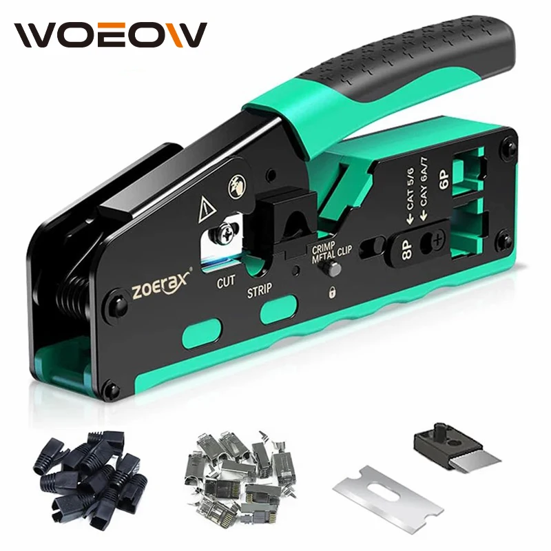 

WoeoW Pass Through RJ45 Crimp Tool with 10PCS Cat7 Connectors and Strain Relief Boots, Ethernet Wire Cutter Crimper