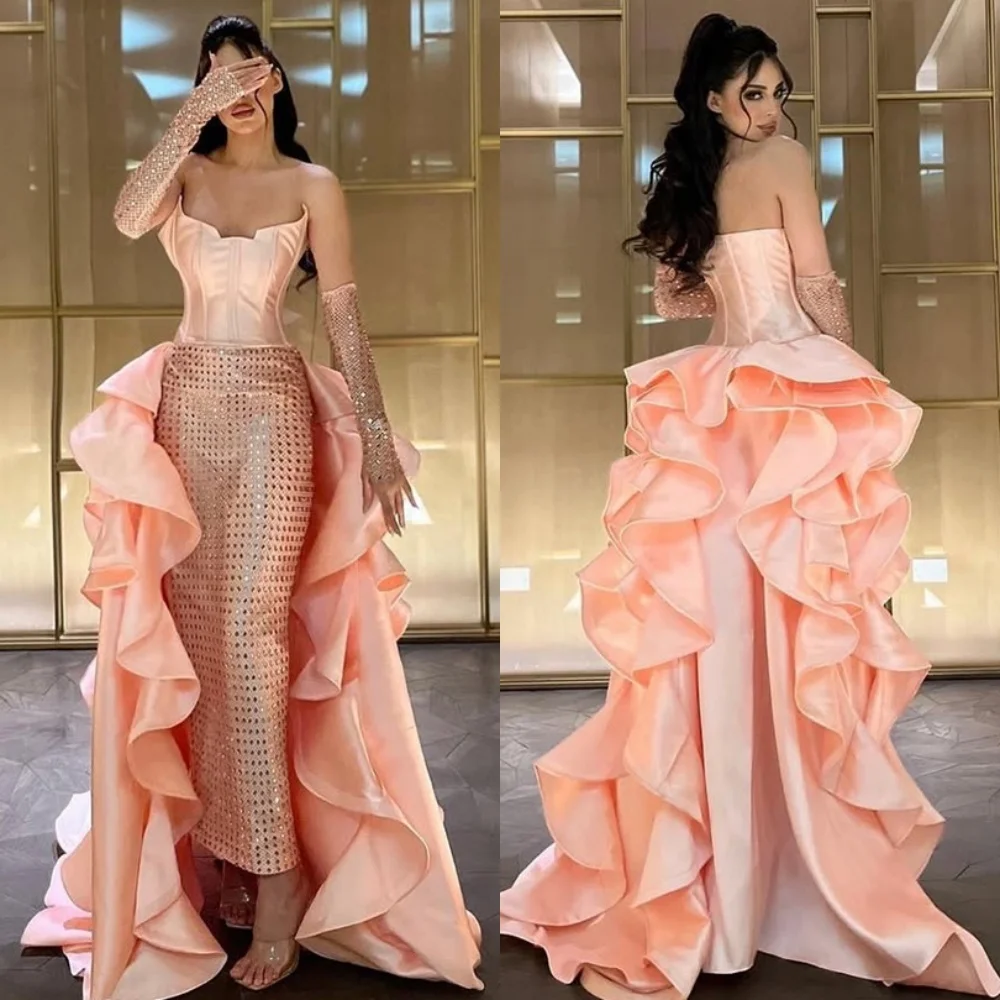 

Customized High Quality pink Satin Cocktail Dress Classic StraplessDetachable Sleeve Panel Train Zipper Back Vestido De Noche