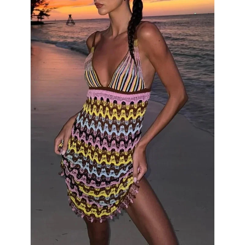 Vestido camisola de punto bohemio para mujer, minivestido Sexy con estampado de ondas y cuello en V profundo, colorido, para vacaciones en la playa, moda 2025