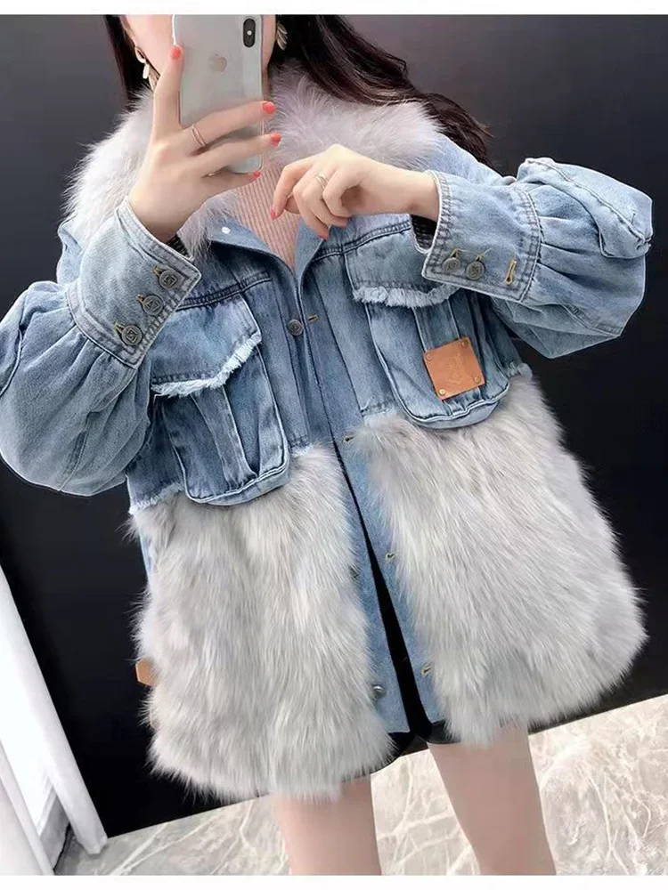 Faux Fox Fur Winter Warm Bomber Women\'s Winter Jacket Coat Female Jeans Jacket Basic Ladies Top Windbreaker Denim Jackets