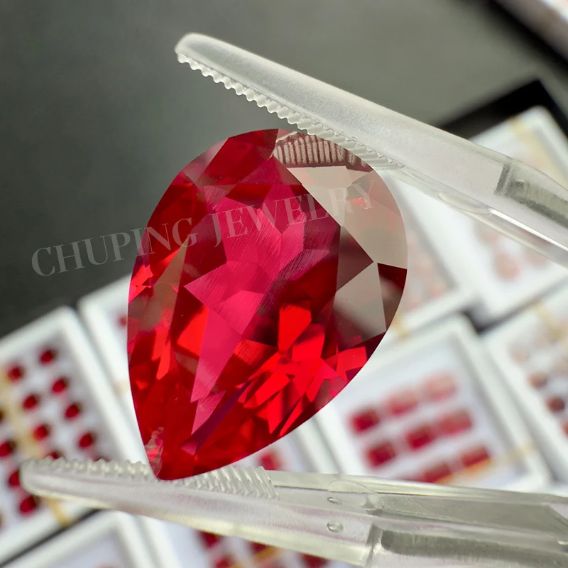 

ChuPing Jewelry Pear Shape Flame Melted 3A+ Grade Lab Grown Pigeon Blood Ruby Synthetic Ruby With Selectable AGL Certificate