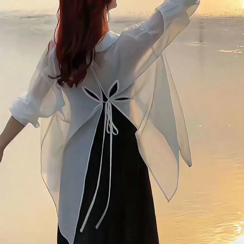 

Korean Style Fashionable Design Versatile Elegant Long Sleeve Shirt Women with Hollow Back Tie Casual Simple Top