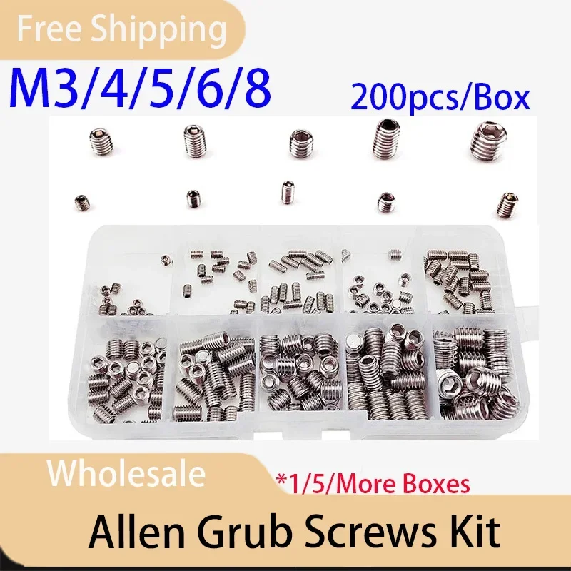 200pcs/Box Allen Grub Screws Set Grub Screw Head Bolt Kit 304 Stainless Steel M3 M4 M5 M6 M8
