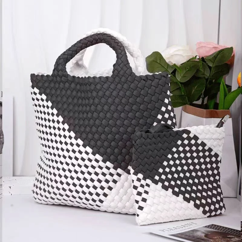 

New Casual Handcrafted Knitted Color Block Tote Bag For Women Large Capacity Fashion Nylon Material Bucket Bag Big Shopper Purse