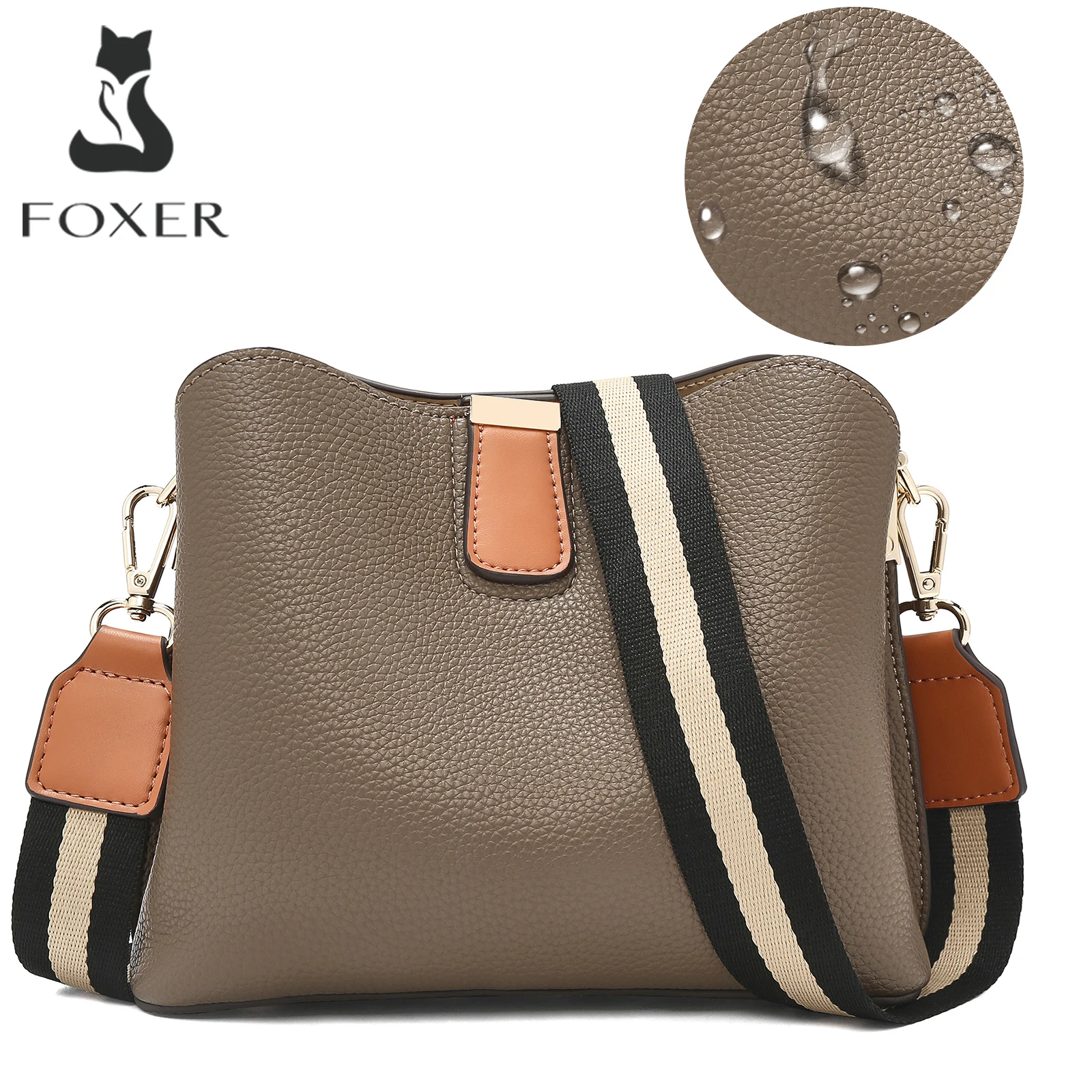 

FOXER Brand New Shoulder Bag for Women PU Leather Retro Large Capacity Bucket Bag Female Crossbody Purse Tote Commuting Purse