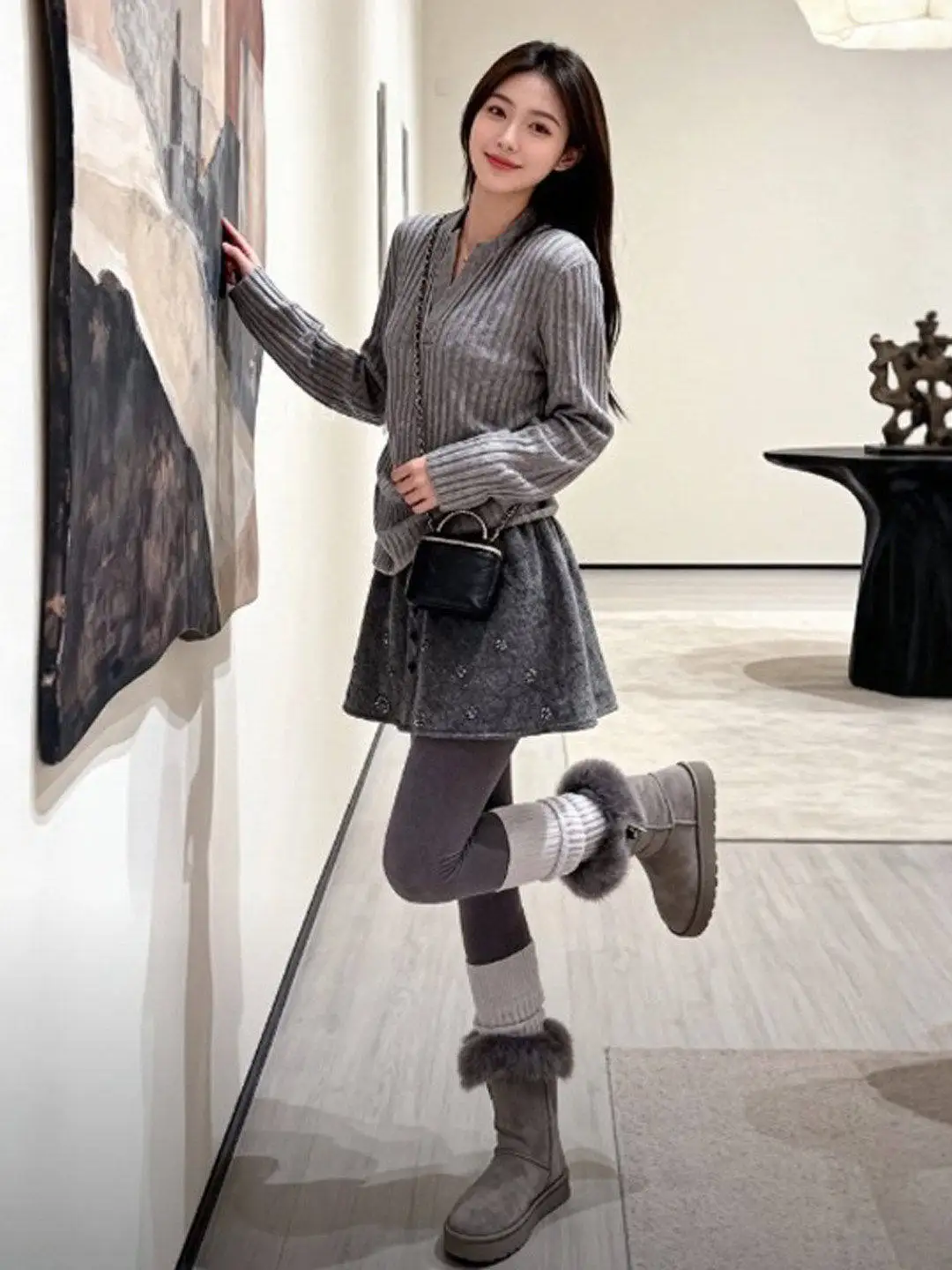 

Unique Commuter Sle Women's Small Cheered Top Bot Set Spring New Faion High Waist Skirt Casual Long Sve Knitted Suit