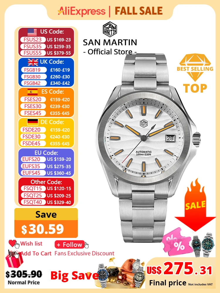 San Martin 39mm Gada Fashion Men Dress Watch Orange Luminous NH35 Automatic Mechanical Business Watches Waterproof  SN0129 Reloj