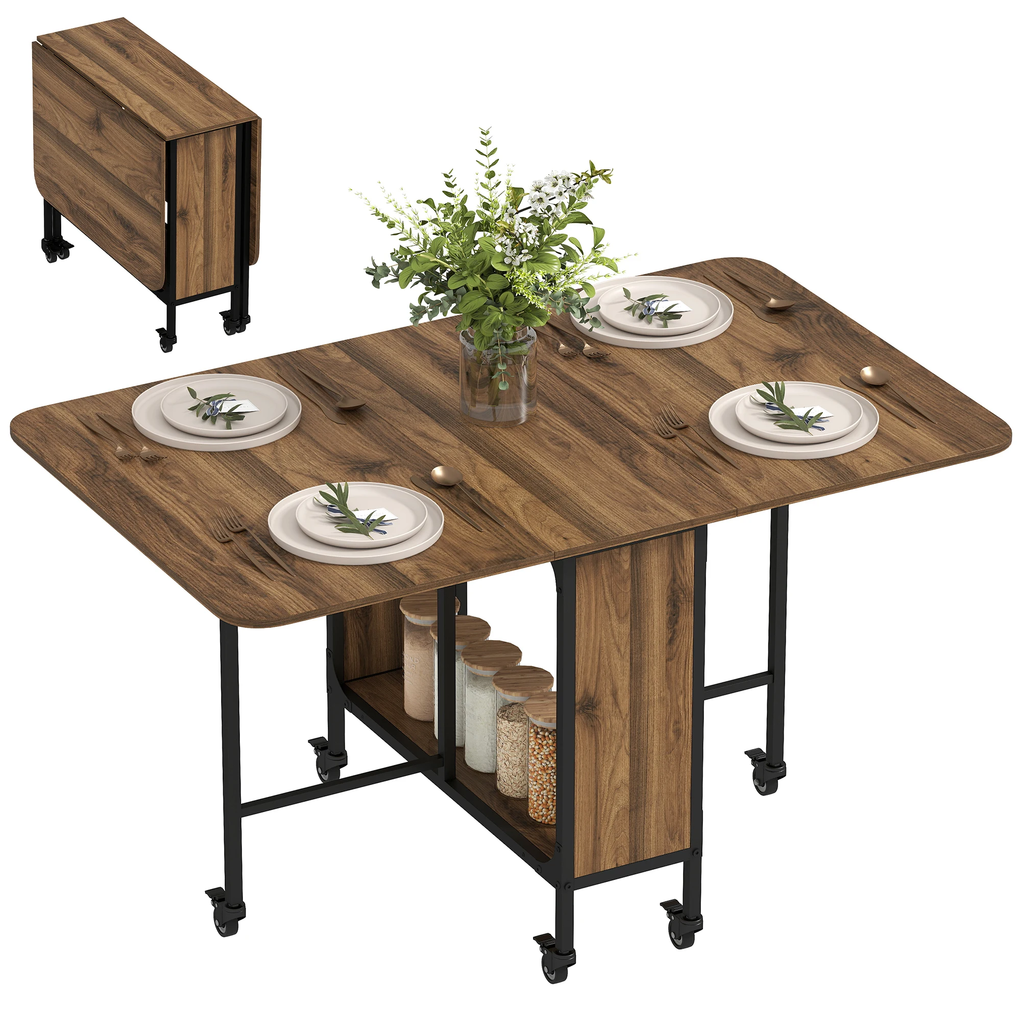 HOMCOM Mesa de Cocina Plegable con Ruedas Alas Abatibles y Estante Mesa Plegable para Salón 130x80x74 cm