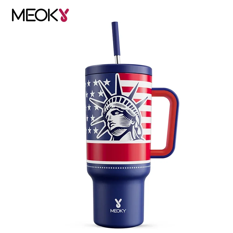 

Meoky 40oz Tumbler with Handle Straw Lids Insulated Car Mug Stainless Steel Independence Day Portable Vacuum Coffee Cup Gift