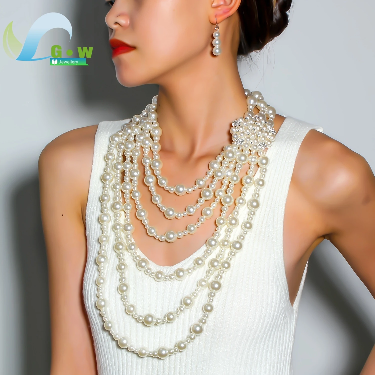 

Модное многослойное ожерелье и серьги с преувеличенным жемчугом и кристаллами, комплект женских украшений в европейском и американском стиле для подарка на вечеринку