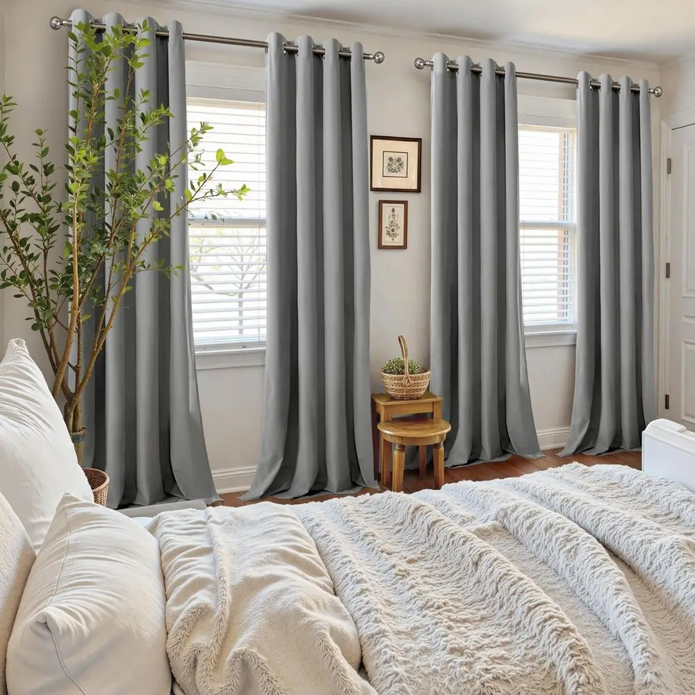 Thermal Insulated 102 Grey Velvet Curtains, 2-Panel, 52x102 for Living Room & Bedroom Privacy