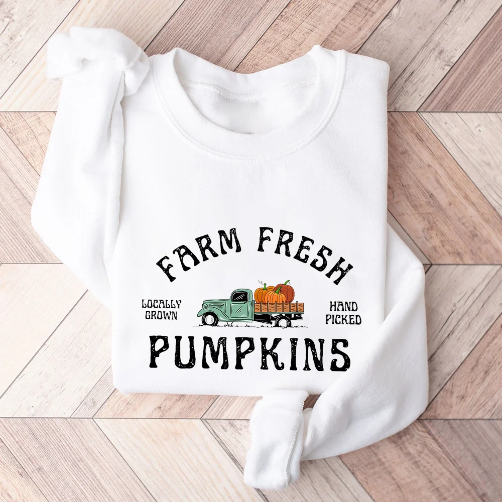 Farm Fresh Pumpkins Fall Women Sweatshirt Thanksgiving Sweater Fall Pumpkin Tee Autumn Halloween Women Sweater Outfits