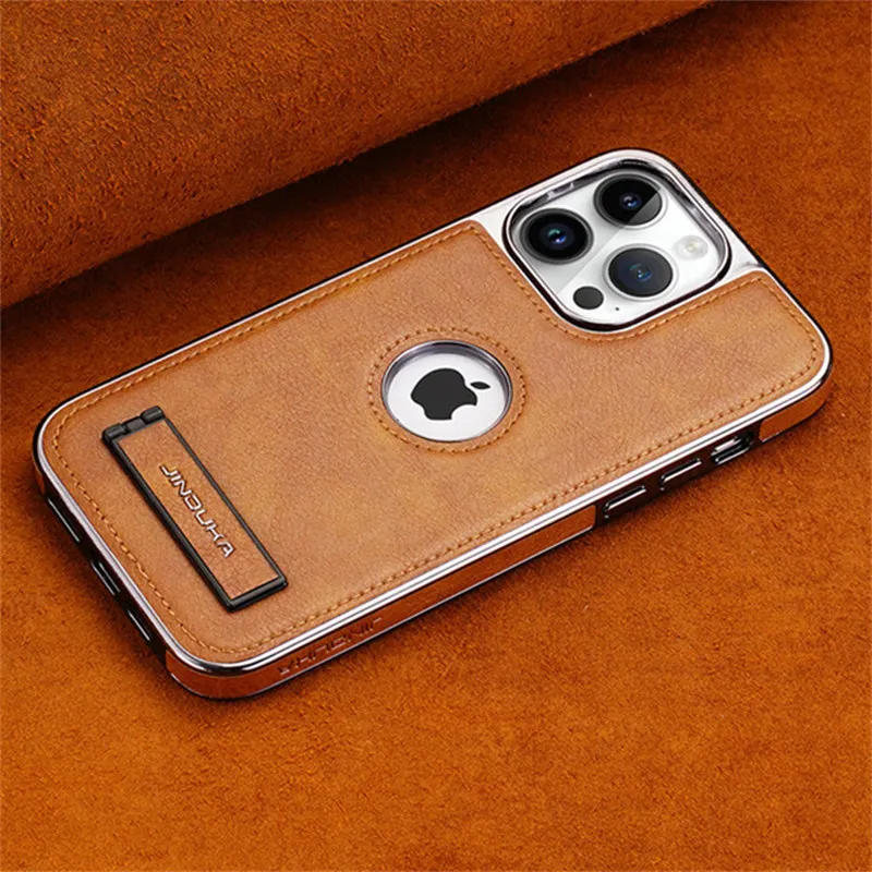 Luxury Plating Bumper Leather Folding Kickstand Phone Case For iPhone 16 15 11 12 13 14 Pro Max Plus Slim Metal Holder Cover