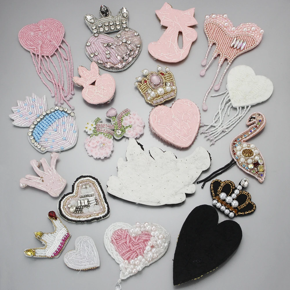 Crown Heart Star Bead Pink Patches Rhinestone Crystal Pink Motif Applique Embroidery Sew on Patches for Clothes Bag B221