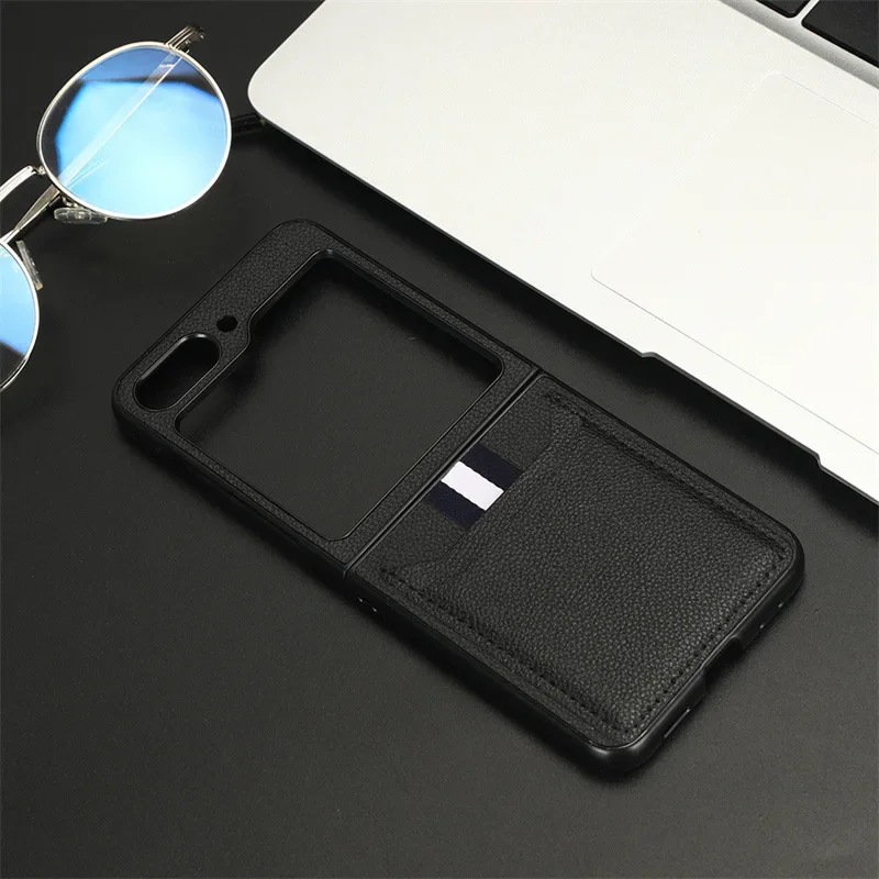 Leather Hard Shell Phone Case for Samsung Galaxy Z Flip 6 5 Flip6 Flip5 Flip4 Flip3 with Card Holde Fall Protection Sleeve Cove