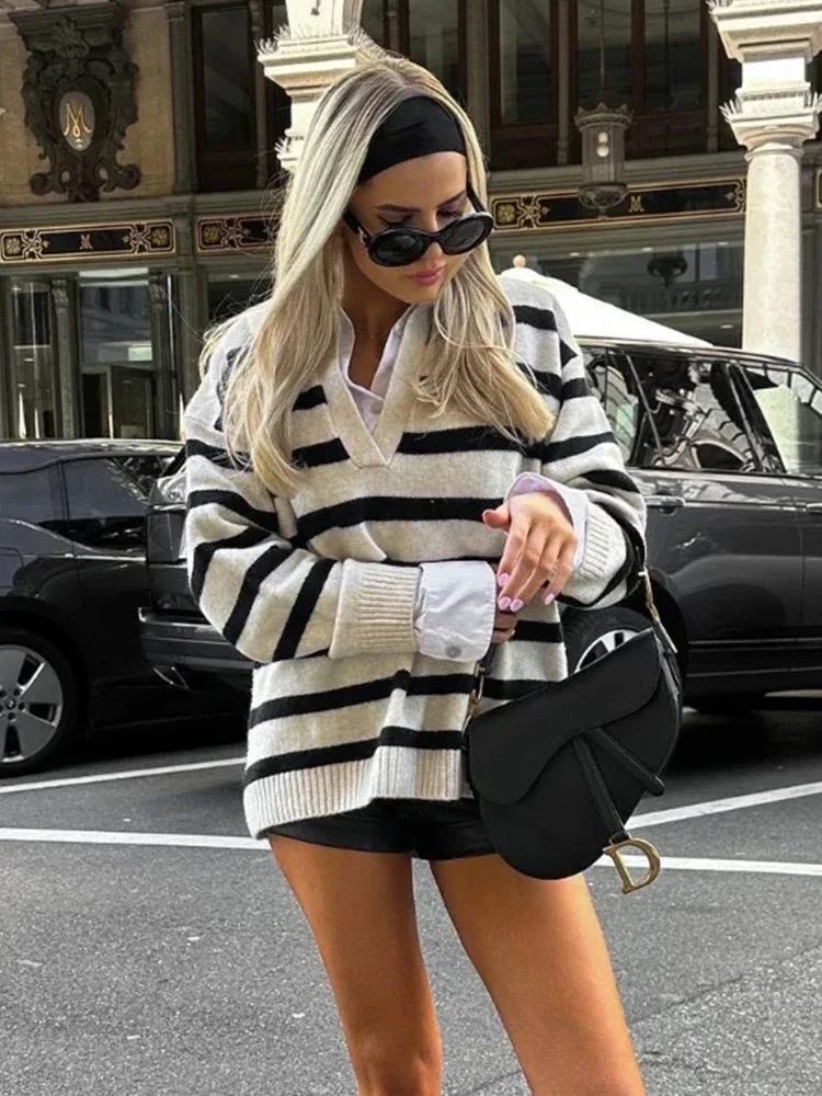 Chicheca Knitted Striped Pullovers Women Casual Basic Winter Sweater Jumper Turn Down Collar Loose Vintage Sweater Sueter Mujer