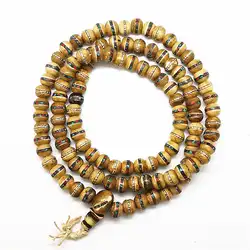 BRO567 Tibetan 108x10mm Coffee Yak bone Meditation Prayer Mala Bone Inlay Metal Silk Rosary