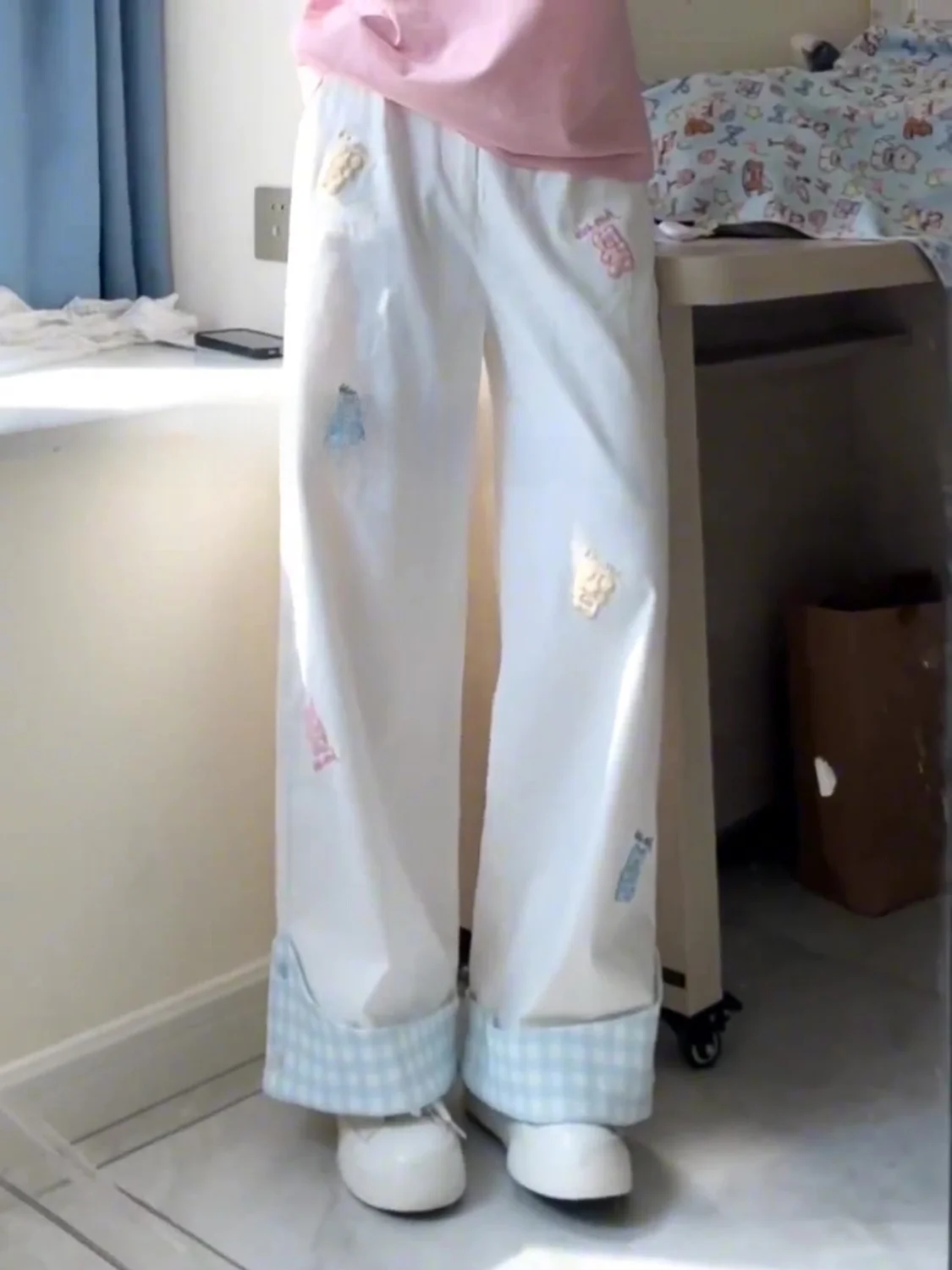 

American Plaid Cuffed Work Pants Women Spring Summer New Style Student Korean Version Embroidery Casual Sports Pants