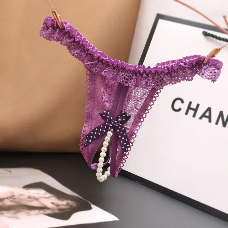 Pakaian Dalam Wanita Seksi Model G-String Berlubang dengan Hiasan Mutiara dan Pita, Celana Dalam Thong Warna Solid Pinggang Rendah, Pakaian Dalam Menggoda 2025