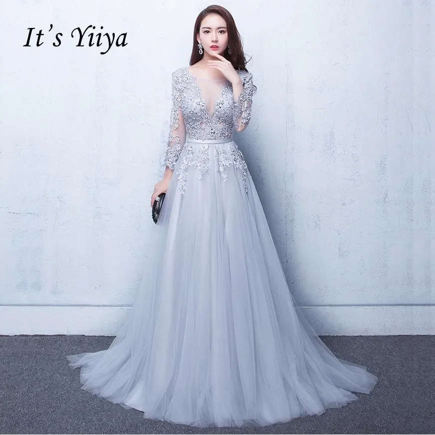 

It's Yiiya Evening Dress Gray Tulle Beads O-neck 3/4 Sleeves Lace Up A-line Floor Length Plus size Women Formal Party Gown LX048