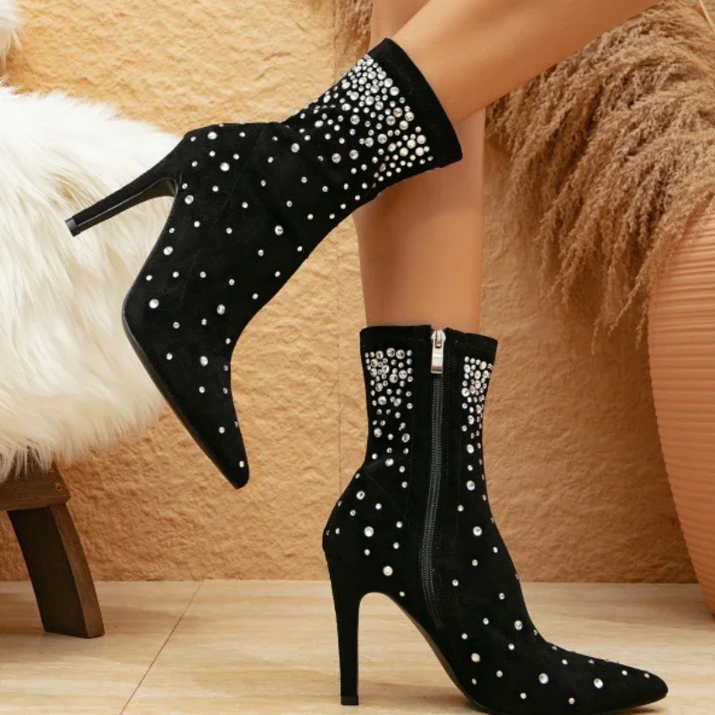 Women Bling Rhinestone High Heels Boots 2023 Autumn New Fashion Pointed Toe Zipper Dress Banquet Stretch Boots Botas De Mujer