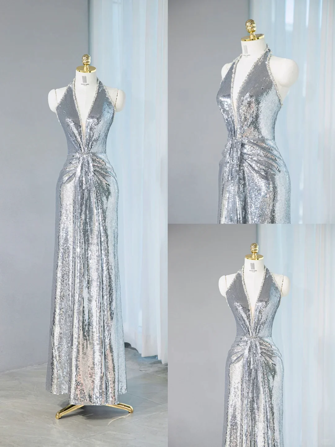 

Silver Sparkling Celebrity Dress Luxe Sequins Pleated Sleeveless Sexy V-Neck Backless Formal Occasion Banquet Party Evening Gown