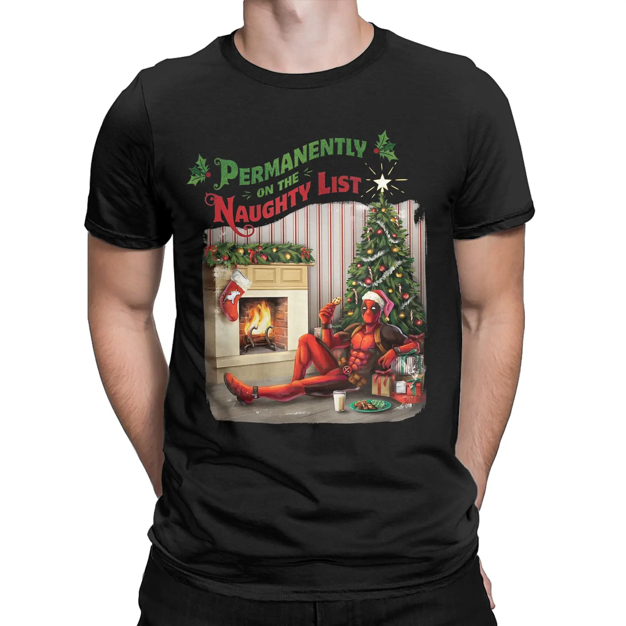 Deadpool Permanently on the Naughty List Holiday T-Shirts Men Christmas Novelty 100% Cotton Tee T Shirts Plus Size merchandise