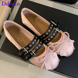 Moda donna di seta ballerine calzature Lolita scarpe di lusso autunno femminile farfalla-nodo punta tonda scarpe da ballo da donna