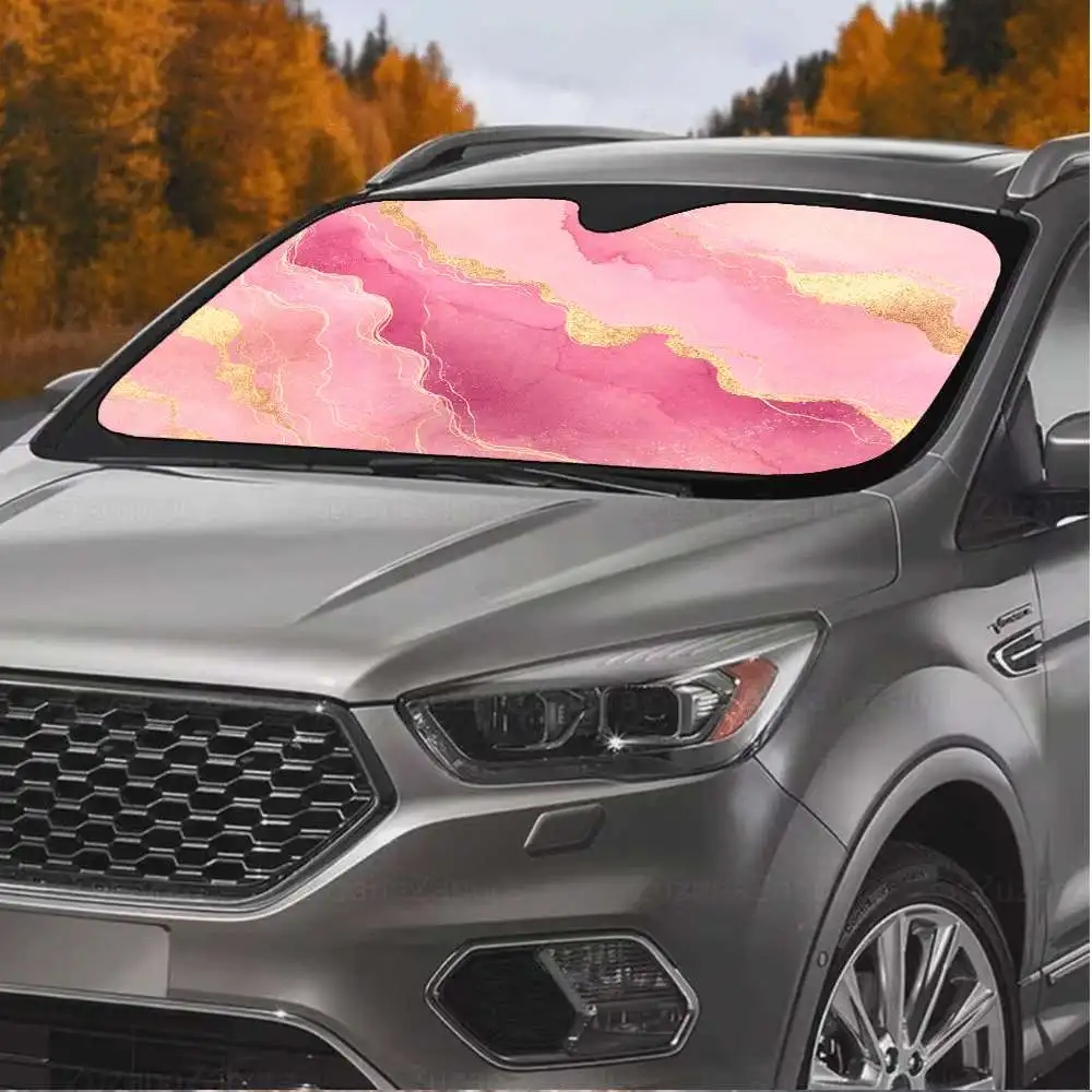 1pc Pink Marble With A Golden Swirl Design, This Windproof Sunshade Offers UV Protection To Keep Your Vehicle Cool. It'S Foldabl