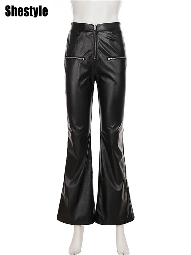 Shestyle زمم جيوب مضيئة السراويل النساء مثير أسود الصلبة محب سليم تسلق عالية الخصر بنطلون الشارع الشهير أحدث الورك رفع