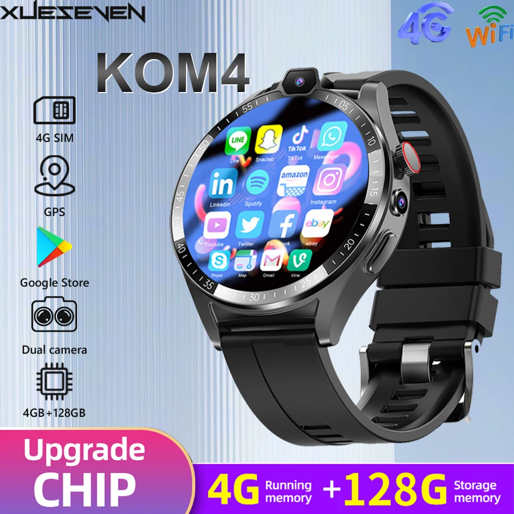 XUESEVEN KOM4 4G 128GB Smart Watch SIM Card Google Play Store GPS HD Camera Sport Fitness Waterproof For Android Men Women Watch