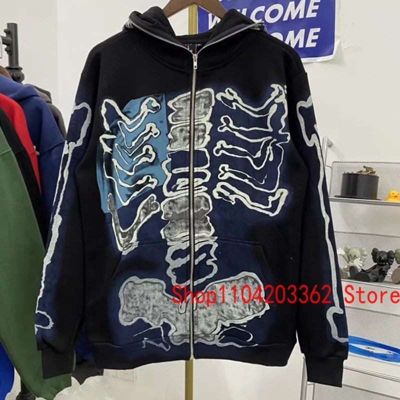 CACTUS JACK Hoodie High Street Fun Skull Print Loose Hooded Zipper Cardigan Hoodies Men Women Trend Sweatshirt Real Photo