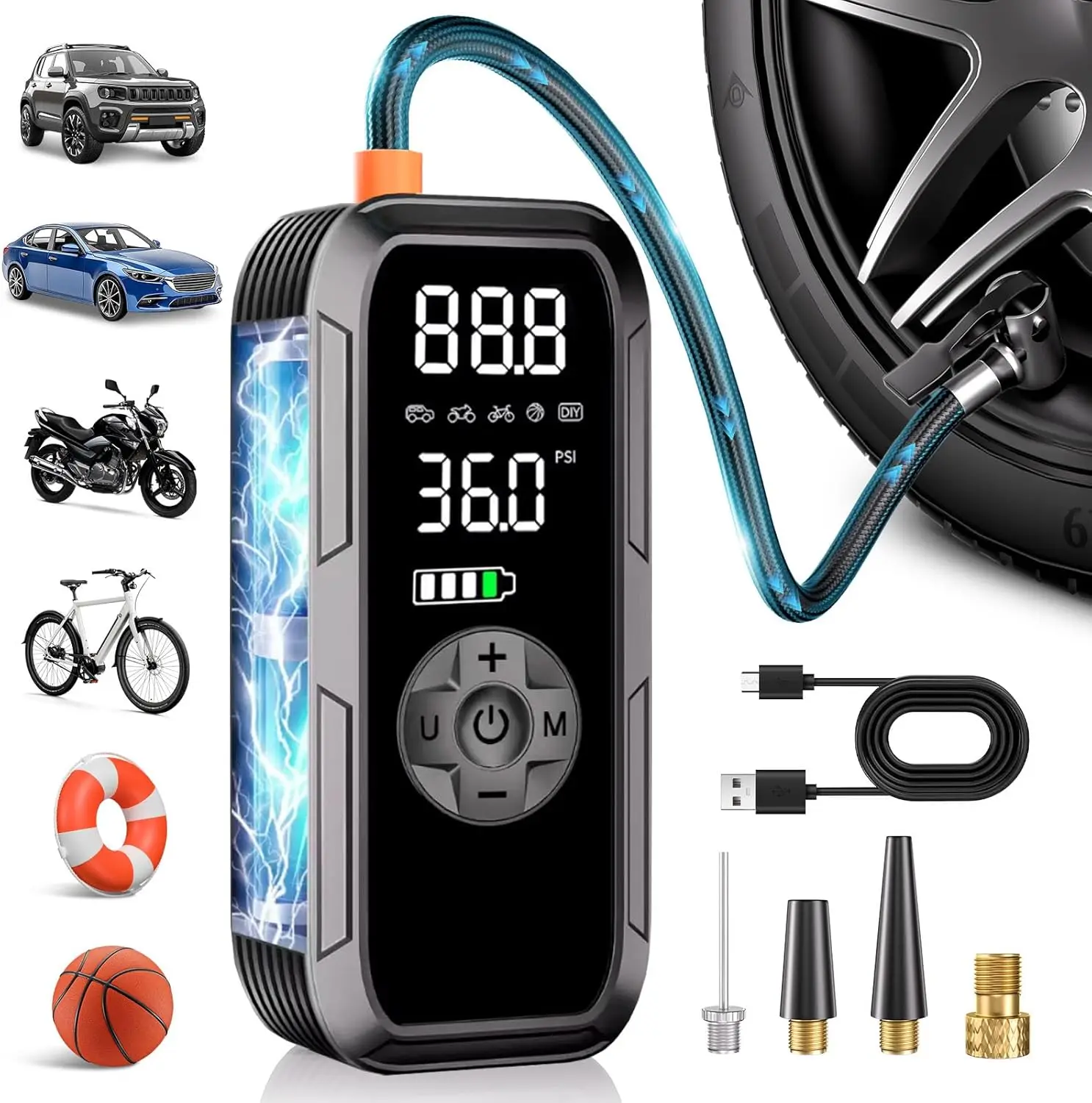 

Cordless Air Compressor 150PSI, Rechargeable Tire Inflator with Digital Gauge, Auto Stop, LED Light for Car, Bike, Motorcycle