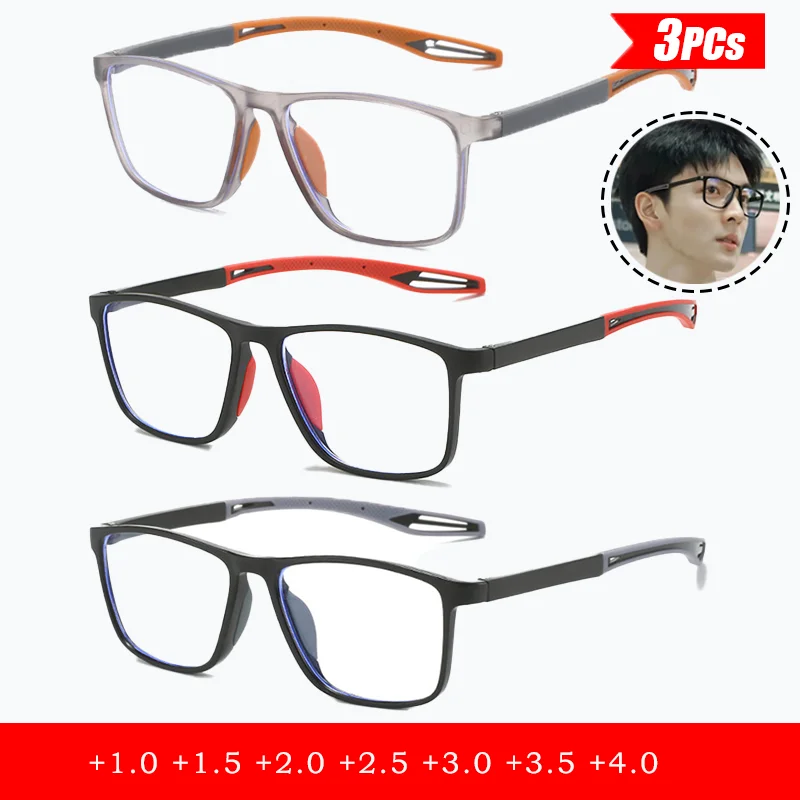 3Pcs Klassische Sport Lesebrille Quadratischen Rahmen HD Anti Blaues Licht Gläser Anti Müdigkeit Tragbare Computer Spiel Gläser + 1,0 ~ + 4,0