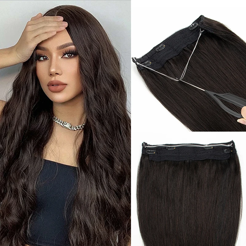 #1 Jet Black Fish Line Wire Hair Extensions Invisible Clip in Human Hair Extensions 4 Clips Real Natural Hair 12-24Inch