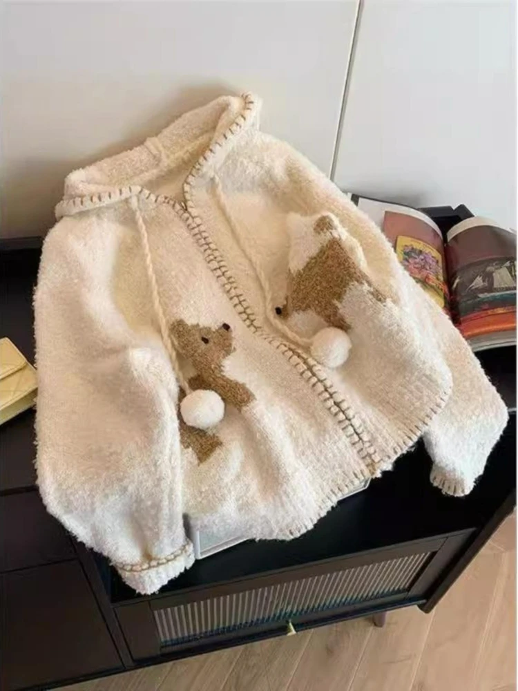 

Preppy Style Cute Sweaters Hooded Zipper Cartoon Jacquard Cardigan Casual Loose Knit Tops Fashion All Match 2025 Women Clothing
