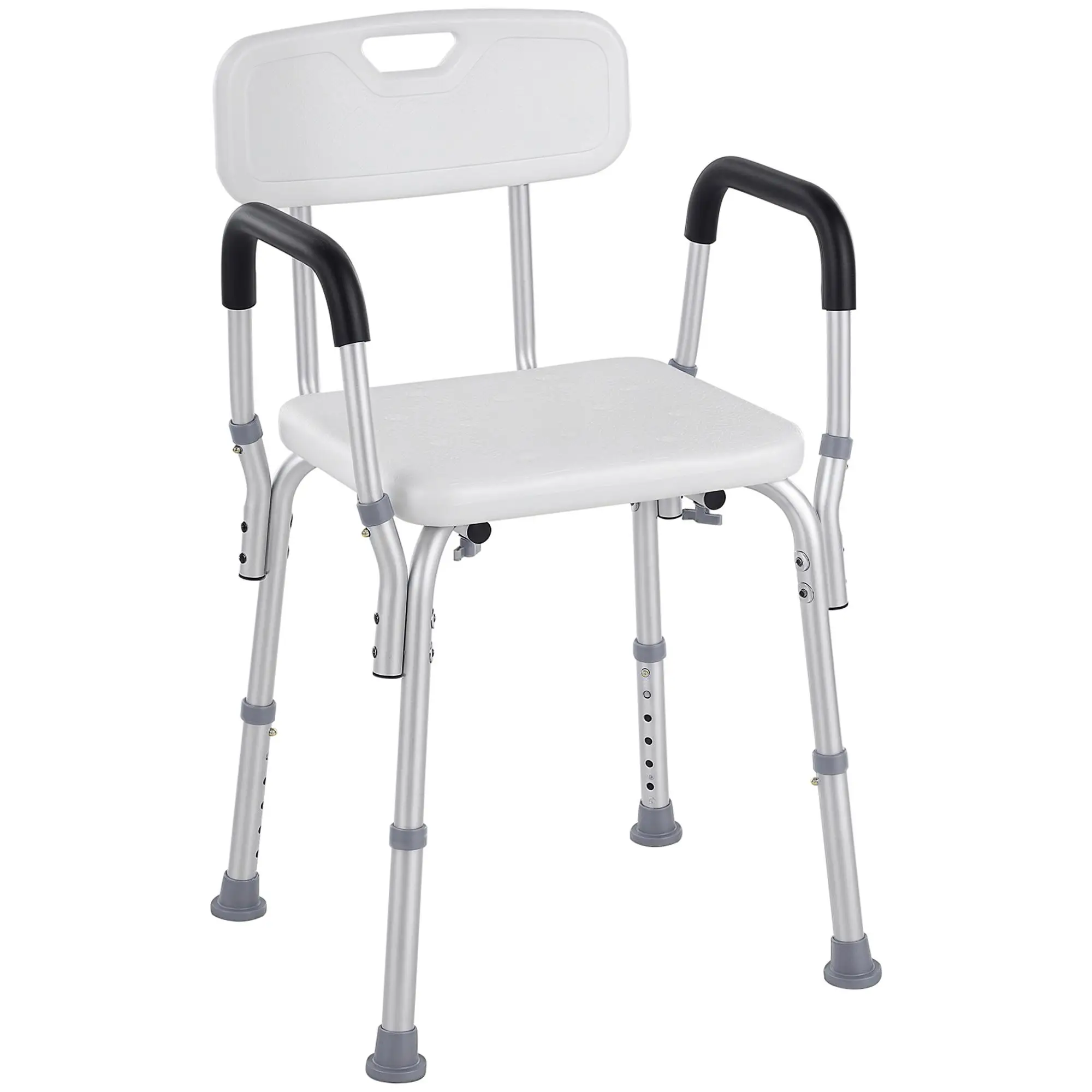 Chaise de douche ergonomique avec dossier réglable en hauteur et accoudoirs amovibles, antidérapante, 136 kg, aluminium/HDPE, blanche