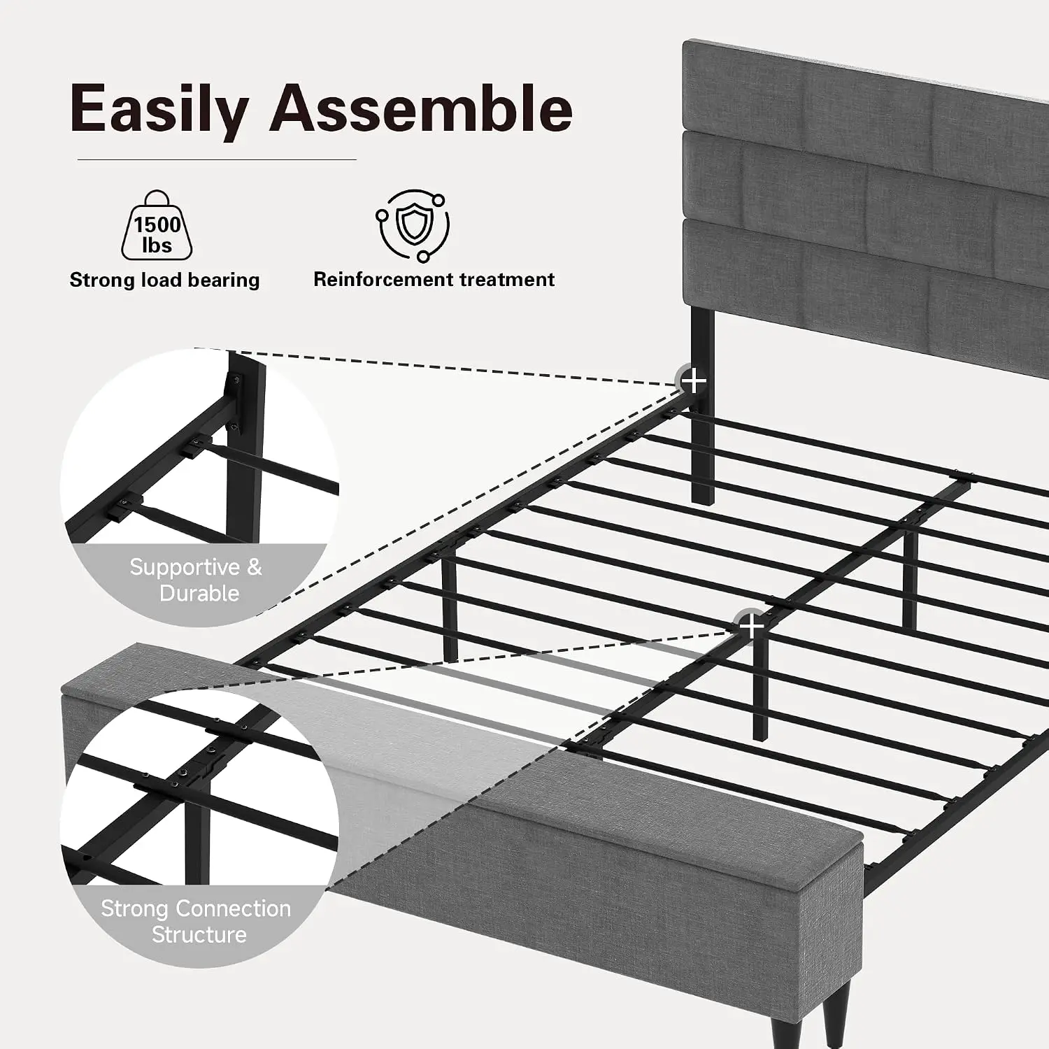 Queen Size Bed Frame with Storage Ottoman, Platform Bed Frame Fabric Upholstered Headboard, All Metal Slats, Customized - view 5