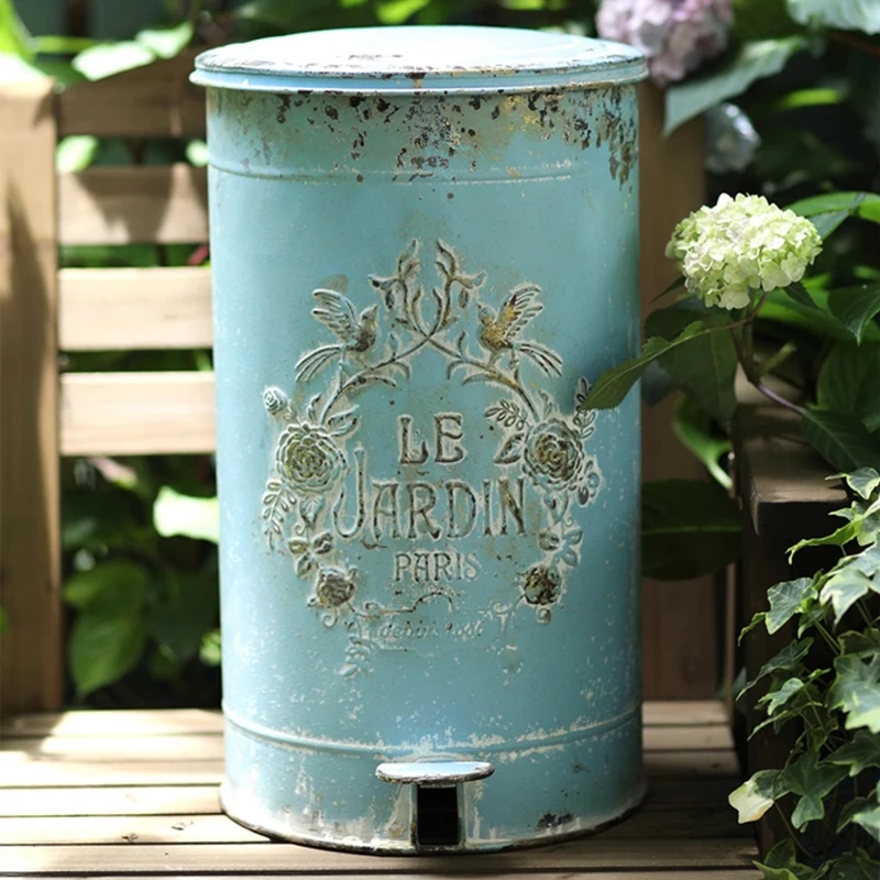 

Vintage Wrought Iron Embossed Foot Pedal Trash Can, Outdoor Garden Garbage Bin, Stylish Estate Yard Decor