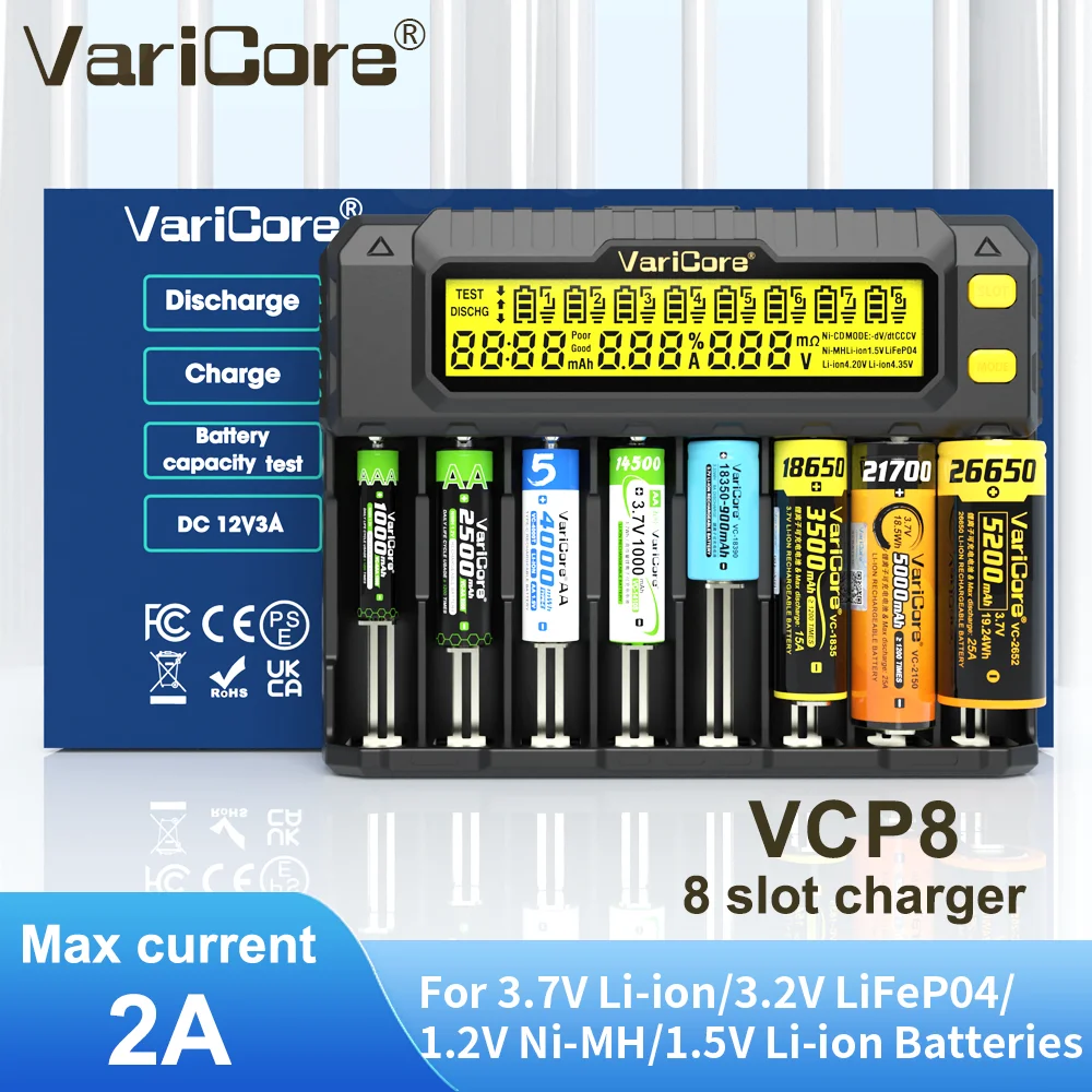 

Умное зарядное устройство VariCore VCP8 для 18650/21700/26650, 3,7 В, литий-ионный, 3,2 В, LiFePO4, 1,2 В, NiMH/Cd AA AAA, универсальная защита для тестирования