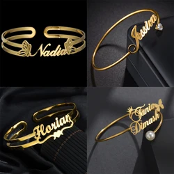 Acheerup Personalized Name Open Size Bangle for Women Men Stainless Steel Custom Butterfly Heart Bracelet Couple Jewelry Gift