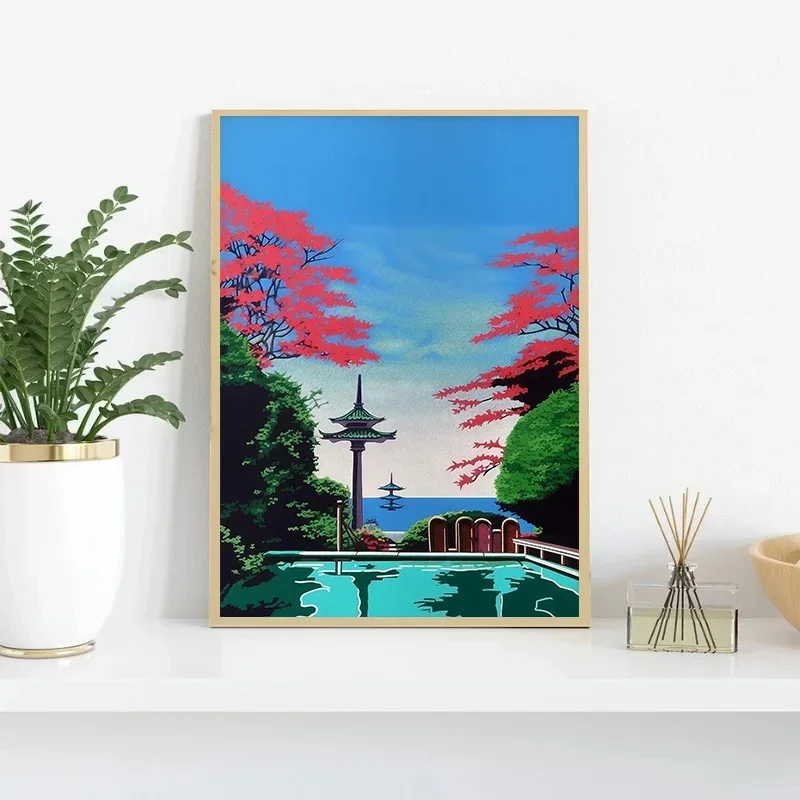 Hiroshi Nagai Japan Pool Palm Sunset Purple, carteles impresos, arte de pared Vaporwave, pintura en lienzo, imágenes nórdicas, decoración para sala de estar