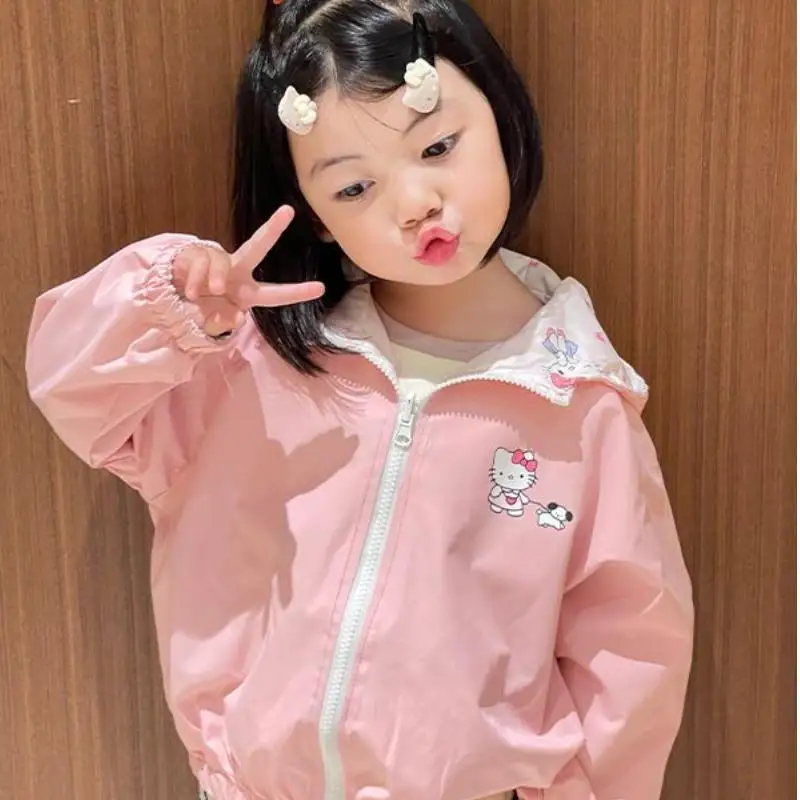 Kawaii Sanrio Girl Wear On Both Sides Coat Spring Autumn Child Baby Cute Cartoon Hello Kitty Windcheater Fashion Allmatch Jacket